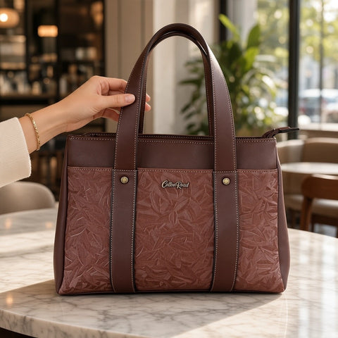 Cotton Road Handbag: COFFEE BROWN PU Leather with LEAF Design