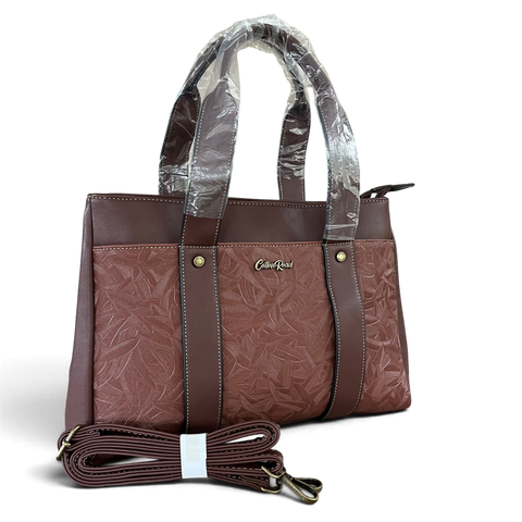 Cotton Road Handbag: COFFEE BROWN PU Leather with LEAF Design