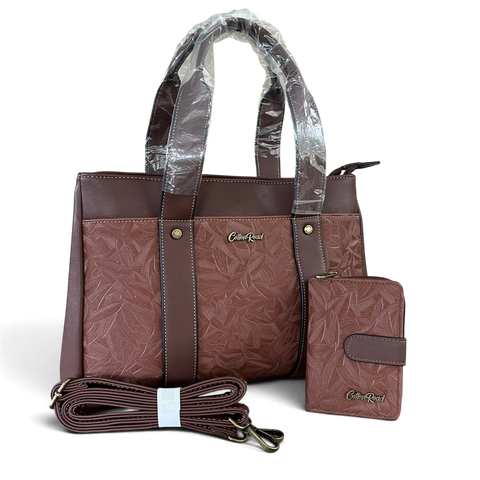 Cotton Road Handbag: COFFEE BROWN PU Leather with LEAF Design and Matching Wallet