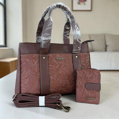 Cotton Road Handbag: COFFEE BROWN PU Leather with LEAF Design and Matching Wallet
