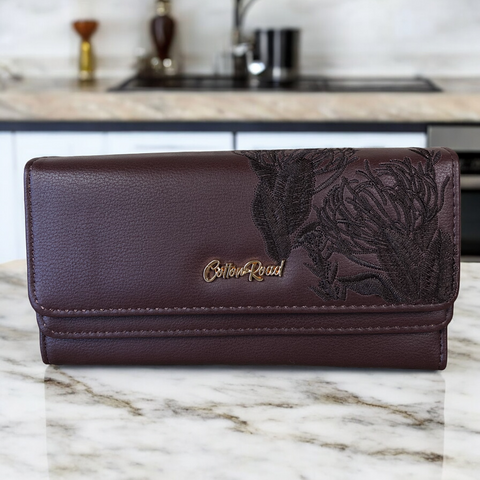 Large BROWN PU Leather Cotton Road Wallet with EMBROIDED PROTEAS