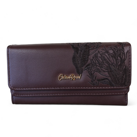 Large BROWN PU Leather Cotton Road Wallet with EMBROIDED PROTEAS