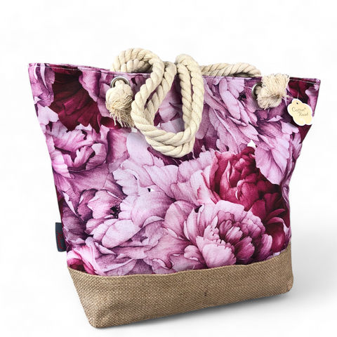 Canvas PINK FLORAL Cotton Road Tote Bag with HESSIAN detailing