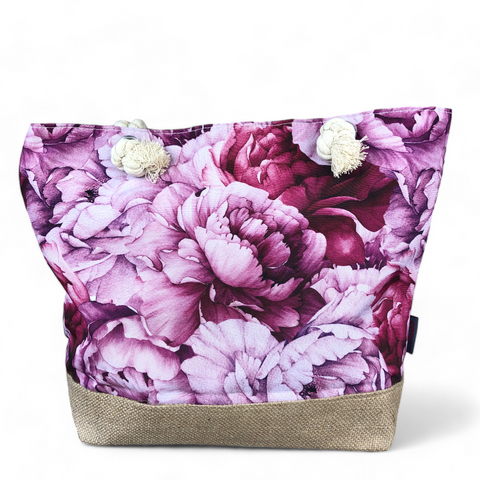 Canvas PINK FLORAL Cotton Road Tote Bag with HESSIAN detailing