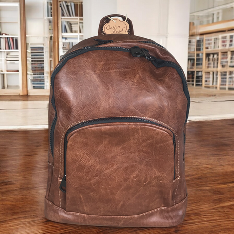 TAN BROWN PU Leather Cotton Road Backpack with Cotton Road embossed