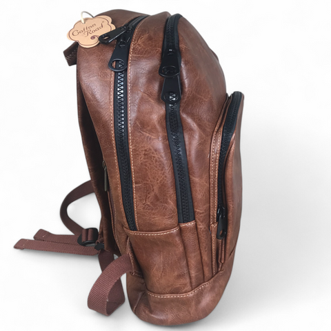 TAN BROWN PU Leather Cotton Road Backpack with Cotton Road embossed