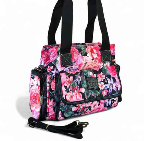Cotton Road Floral Canvas Handbag with BLACK PU Leather Trim