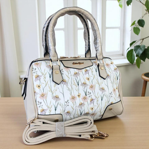 IVORY Cotton Road PU Leather Barrel Handbag with FLORAL Panel