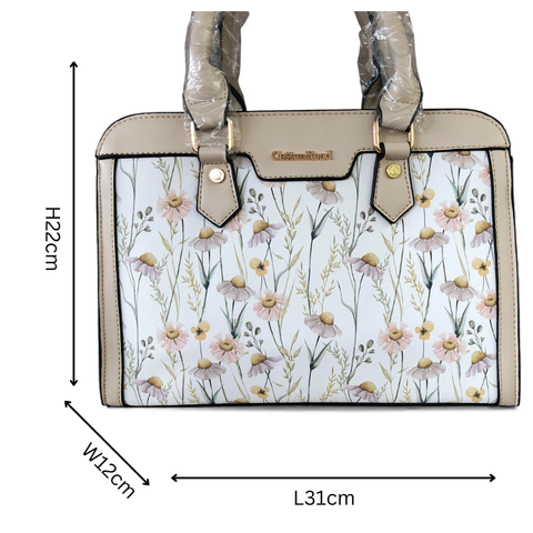 IVORY Cotton Road PU Leather Handbag with FLORAL Panel