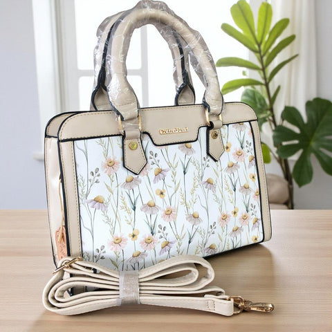 IVORY Cotton Road PU Leather Handbag with FLORAL Panel