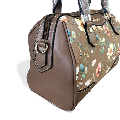 KHAKI Cotton Road PU Leather Barrel Handbag with FLORAL Panel