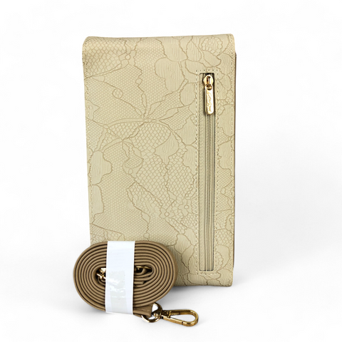 KHAKI Cotton Road PU Leather Cellphone Sling Bag/Wallet with LACE Print