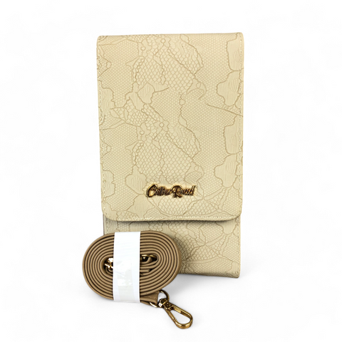 KHAKI Cotton Road PU Leather Cellphone Sling Bag/Wallet with LACE Print
