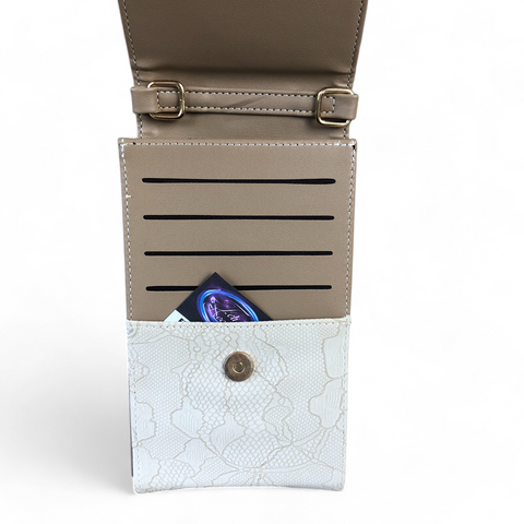 KHAKI Cotton Road PU Leather Cellphone Sling Bag/Wallet with LACE Print