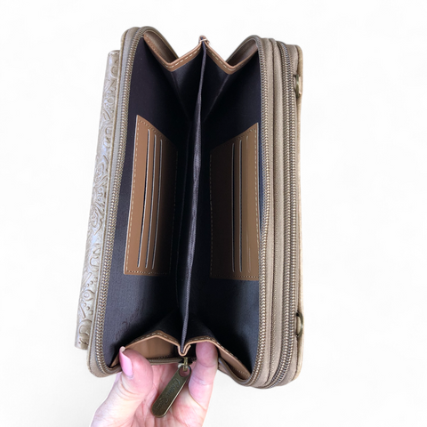KHAKI Cotton Road PU Leather Cellphone Sling Wallet with EMBOSSED Print