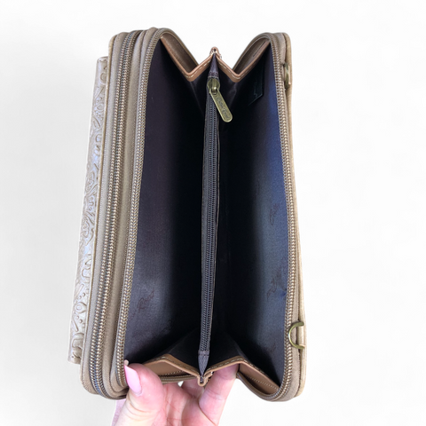 KHAKI Cotton Road PU Leather Cellphone Sling Wallet with EMBOSSED Print