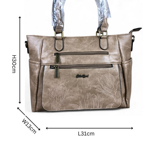 KHAKI Cotton Road PU Leather Handbag with EMBROIDERED detailing