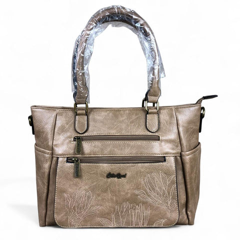 KHAKI Cotton Road PU Leather Handbag with EMBROIDERED detailing