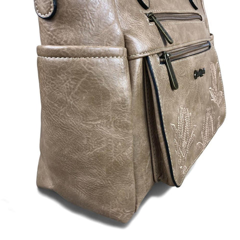 KHAKI Cotton Road PU Leather Handbag with EMBROIDERED detailing