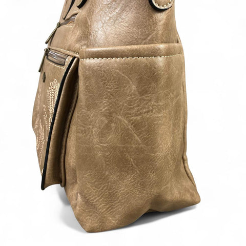 KHAKI Cotton Road PU Leather Handbag with EMBROIDERED detailing
