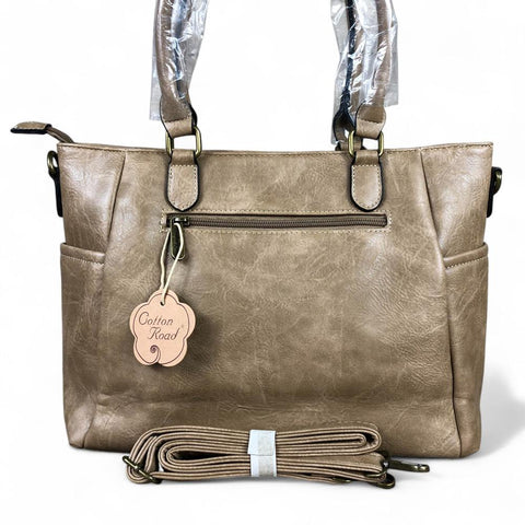 KHAKI Cotton Road PU Leather Handbag with EMBROIDERED detailing