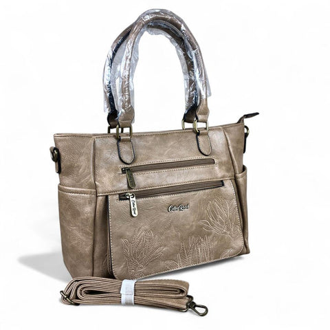 KHAKI Cotton Road PU Leather Handbag with EMBROIDERED detailing