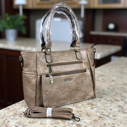 KHAKI Cotton Road PU Leather Handbag with EMBROIDERED detailing