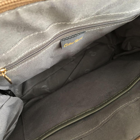 KHAKI Cotton Road PU Leather Handbag with FLORAL Panel