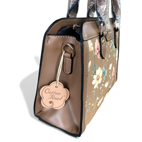 KHAKI Cotton Road PU Leather Handbag with FLORAL Panel