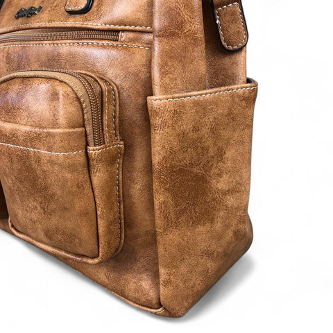 KHAKI Cotton Road PU Leather Handbag with Pockets