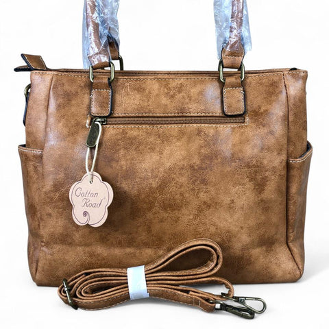 KHAKI Cotton Road PU Leather Handbag with Pockets
