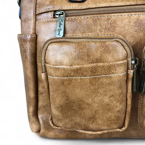 KHAKI Cotton Road PU Leather Handbag with Pockets