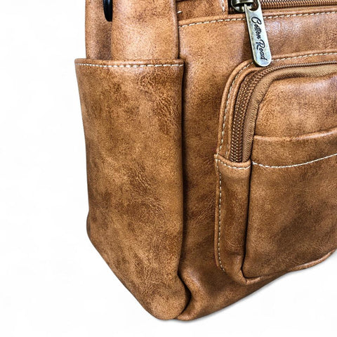 KHAKI Cotton Road PU Leather Handbag with Pockets