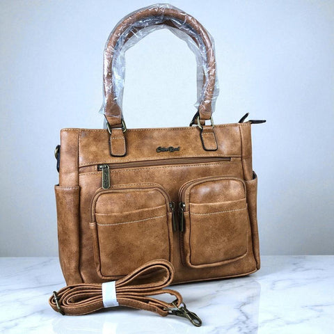 KHAKI Cotton Road PU Leather Handbag with Pockets