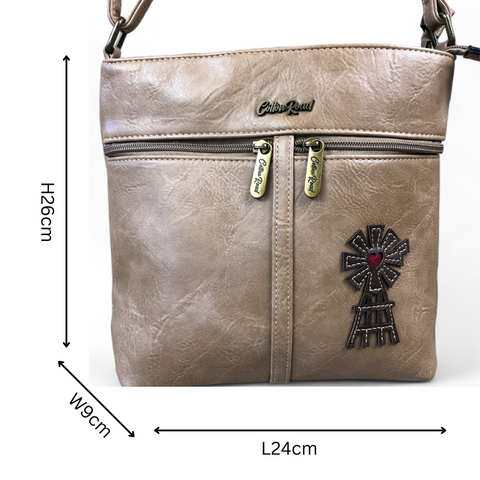 KHAKI Cotton Road PU Leather Sling Bag with WINDMILL