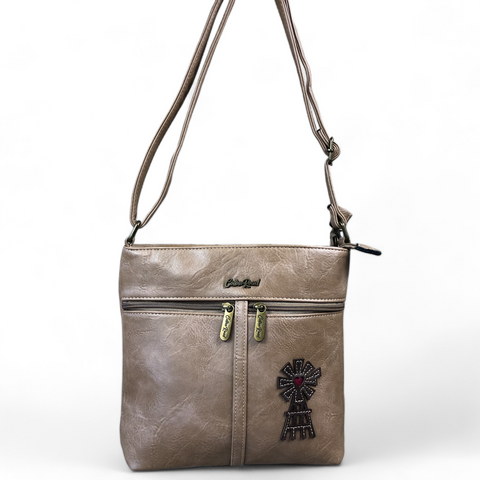 KHAKI Cotton Road PU Leather Sling Bag with WINDMILL
