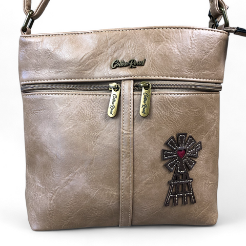 KHAKI Cotton Road PU Leather Sling Bag with WINDMILL