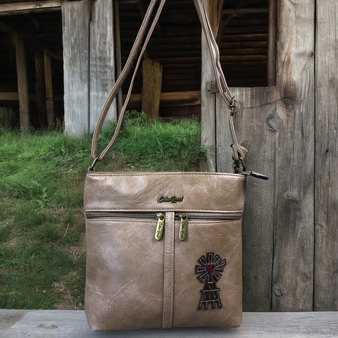 KHAKI Cotton Road PU Leather Sling Bag with WINDMILL
