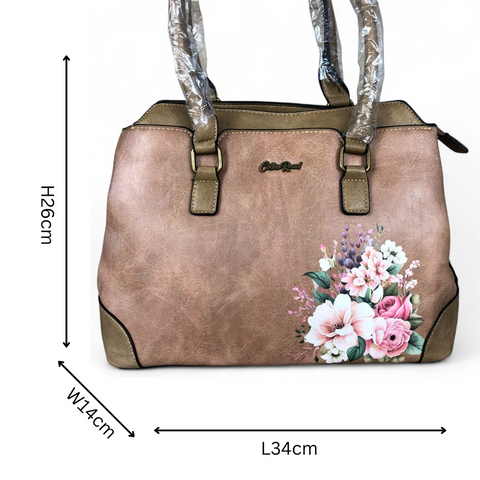 KHAKI FLORAL PU Leather Cotton Road Handbag
