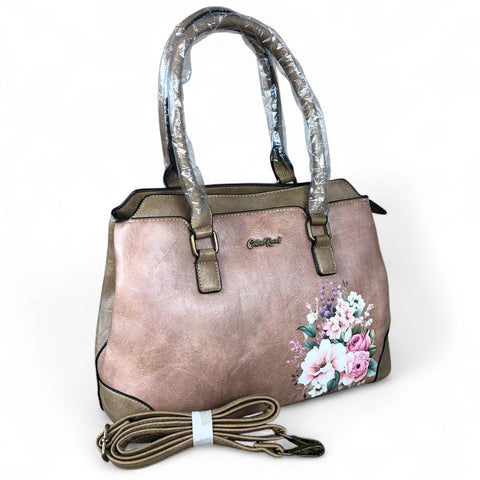KHAKI FLORAL PU Leather Cotton Road Handbag
