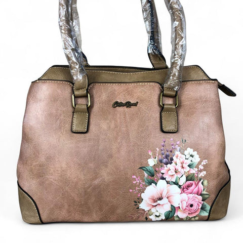 KHAKI FLORAL PU Leather Cotton Road Handbag