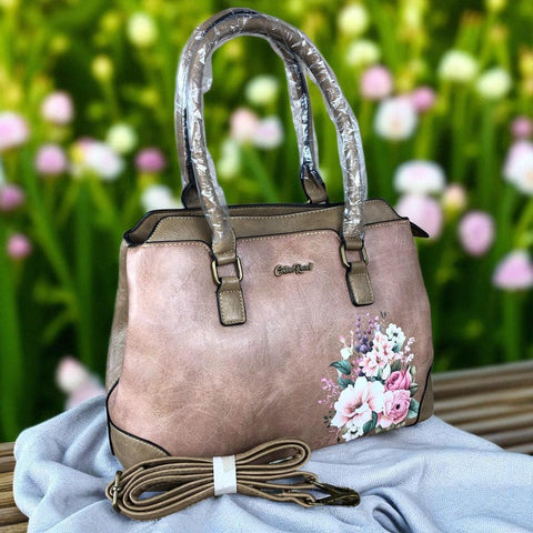KHAKI FLORAL PU Leather Cotton Road Handbag