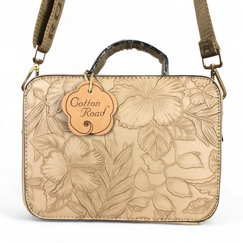 KHAKI FLORAL PU Leather Cotton Road Sling Bag with POCKET