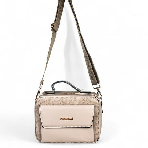 KHAKI FLORAL PU Leather Cotton Road Sling Bag with POCKET
