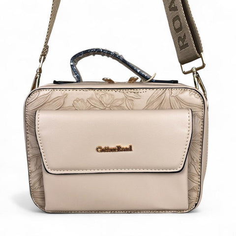 KHAKI FLORAL PU Leather Cotton Road Sling Bag with POCKET