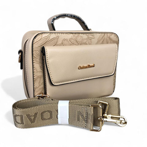 KHAKI FLORAL PU Leather Cotton Road Sling Bag with POCKET