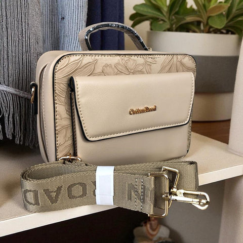 KHAKI FLORAL PU Leather Cotton Road Sling Bag with POCKET