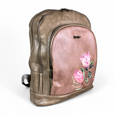 KHAKI PU Leather Cotton Road Backpack with PROTEA detailing