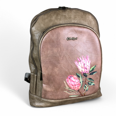 KHAKI PU Leather Cotton Road Backpack with PROTEA detailing