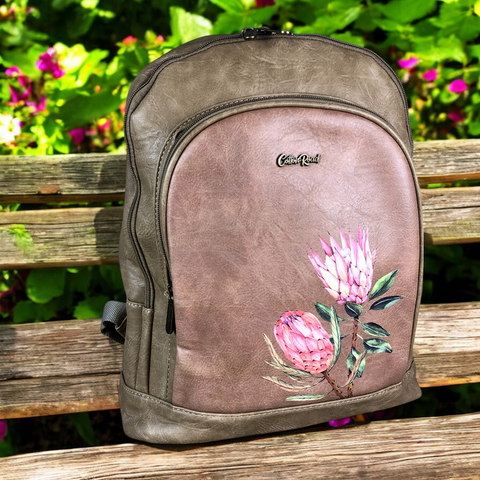 KHAKI PU Leather Cotton Road Backpack with PROTEA detailing